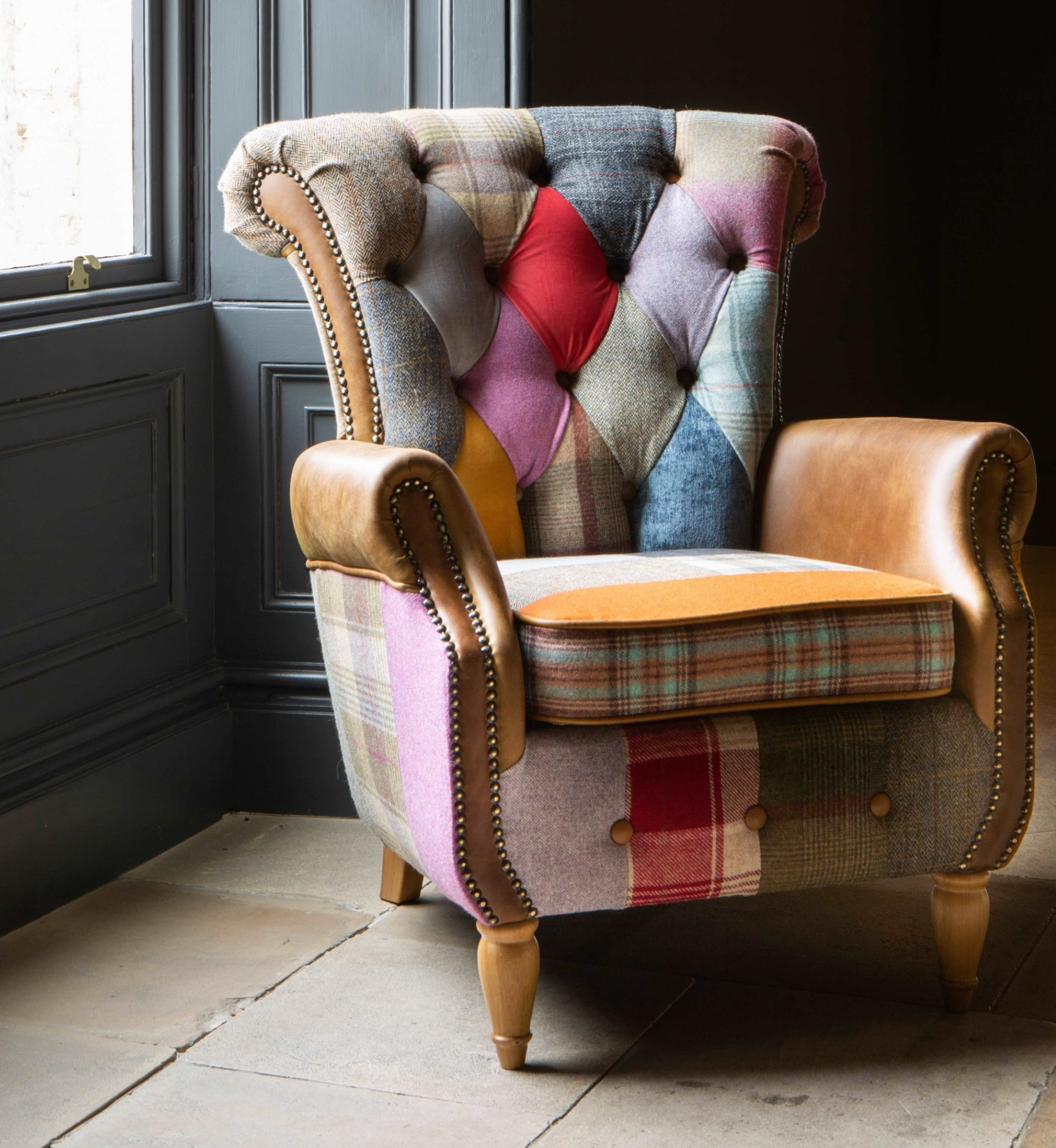Dickinson Armchair - In Patchwork & Cerato Brown Leather