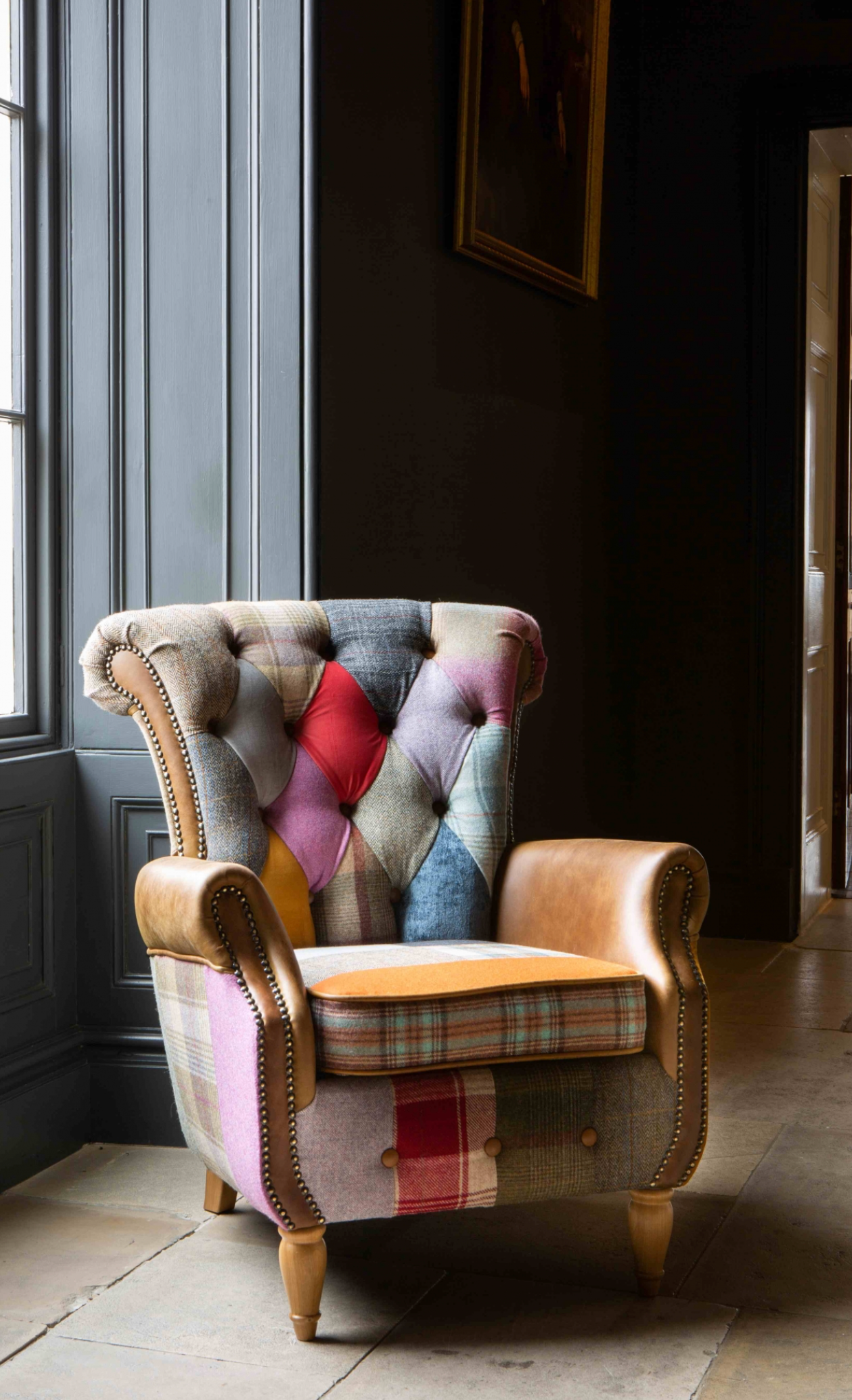 Dickinson Armchair - In Patchwork & Cerato Brown Leather