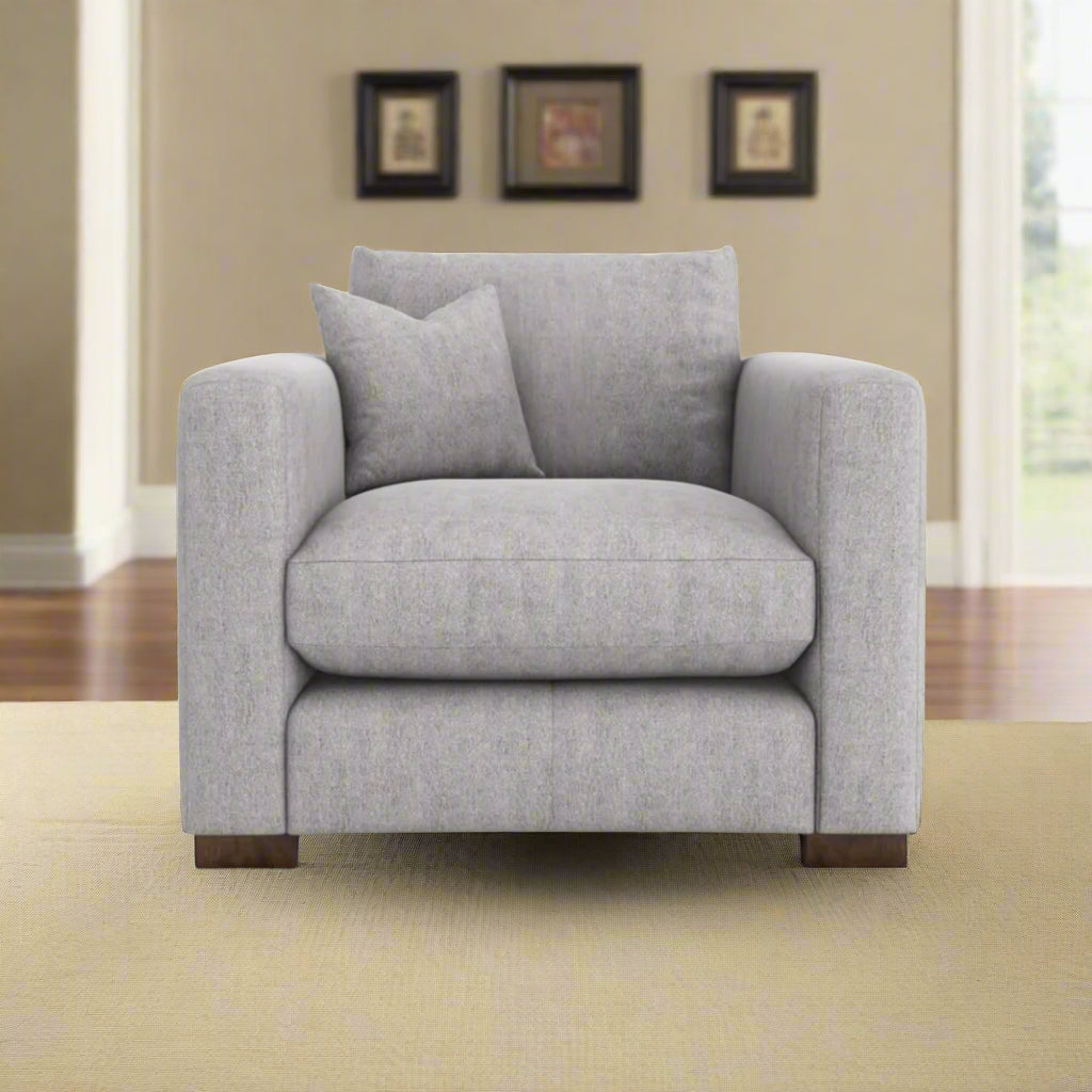 Gray armchair with two cushions on a white background